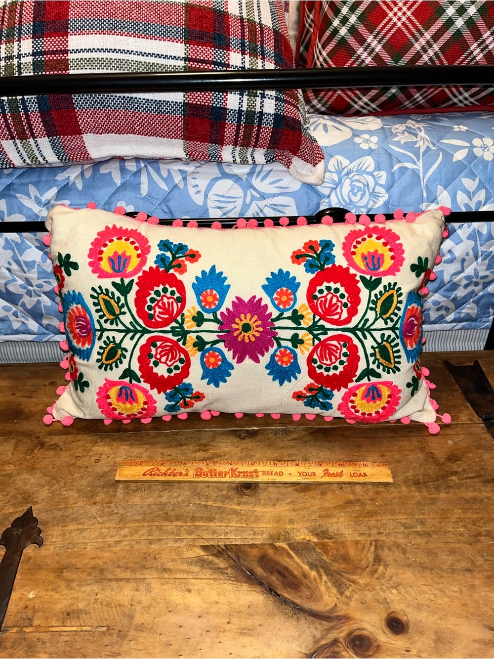 Embroidered Floral Lumbar Pillow with Pink Pom Trim
